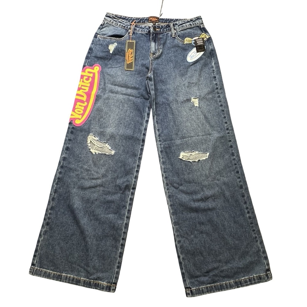 Von Dutch Jeans Womens 7 NWT Wide Leg Y2K Patch Distressed Denim 32x33.5